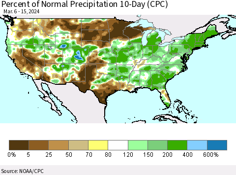 United States Percent of Normal Precipitation 10-Day (CPC) Thematic Map For 3/6/2024 - 3/15/2024