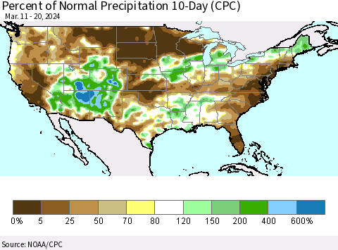 United States Percent of Normal Precipitation 10-Day (CPC) Thematic Map For 3/11/2024 - 3/20/2024