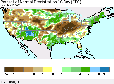 United States Percent of Normal Precipitation 10-Day (CPC) Thematic Map For 3/16/2024 - 3/25/2024