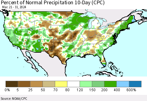 United States Percent of Normal Precipitation 10-Day (CPC) Thematic Map For 3/21/2024 - 3/31/2024