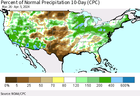 United States Percent of Normal Precipitation 10-Day (CPC) Thematic Map For 3/26/2024 - 4/5/2024