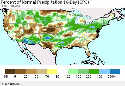 United States Percent of Normal Precipitation 10-Day (CPC) Thematic Map For 4/1/2024 - 4/10/2024