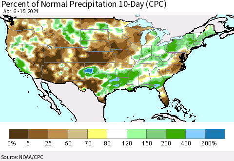 United States Percent of Normal Precipitation 10-Day (CPC) Thematic Map For 4/6/2024 - 4/15/2024