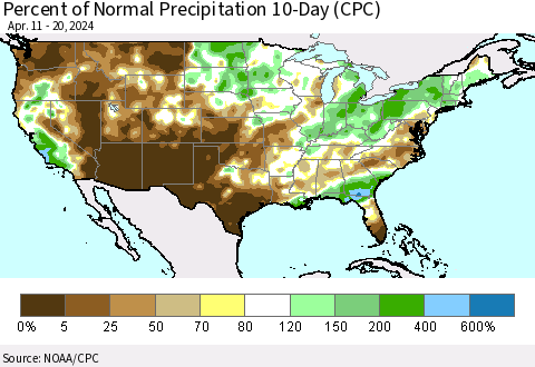 United States Percent of Normal Precipitation 10-Day (CPC) Thematic Map For 4/11/2024 - 4/20/2024