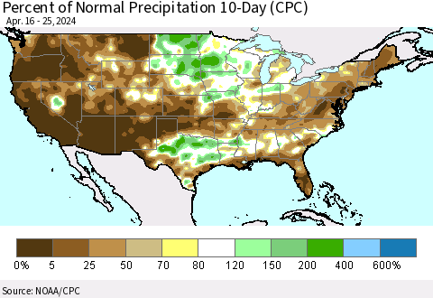 United States Percent of Normal Precipitation 10-Day (CPC) Thematic Map For 4/16/2024 - 4/25/2024