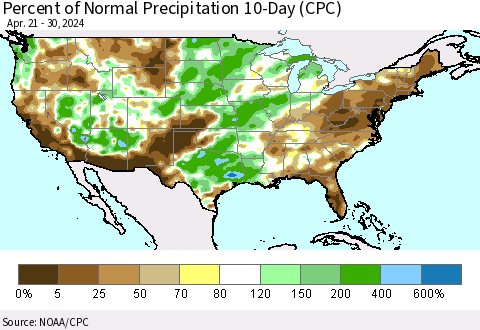 United States Percent of Normal Precipitation 10-Day (CPC) Thematic Map For 4/21/2024 - 4/30/2024