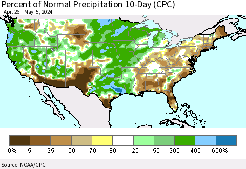 United States Percent of Normal Precipitation 10-Day (CPC) Thematic Map For 4/26/2024 - 5/5/2024