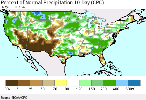 United States Percent of Normal Precipitation 10-Day (CPC) Thematic Map For 5/1/2024 - 5/10/2024