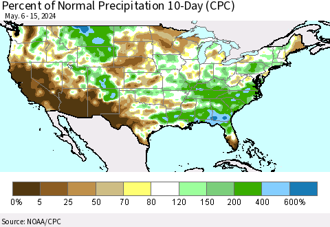 United States Percent of Normal Precipitation 10-Day (CPC) Thematic Map For 5/6/2024 - 5/15/2024