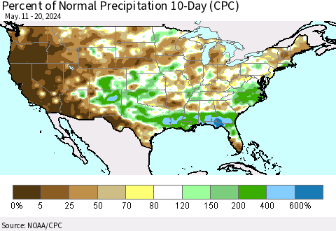 United States Percent of Normal Precipitation 10-Day (CPC) Thematic Map For 5/11/2024 - 5/20/2024