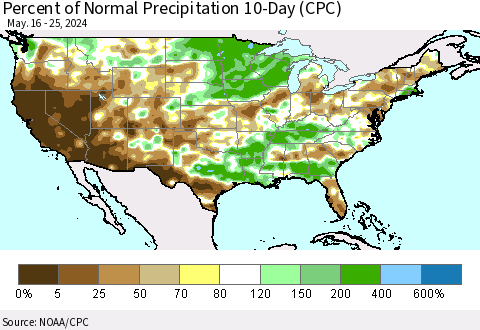 United States Percent of Normal Precipitation 10-Day (CPC) Thematic Map For 5/16/2024 - 5/25/2024