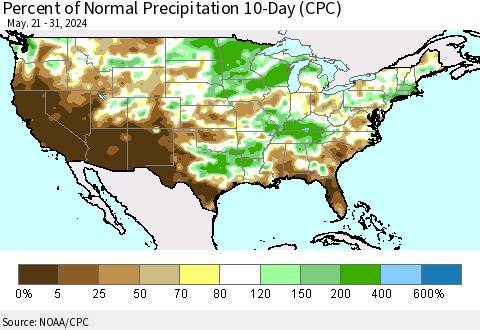 United States Percent of Normal Precipitation 10-Day (CPC) Thematic Map For 5/21/2024 - 5/31/2024