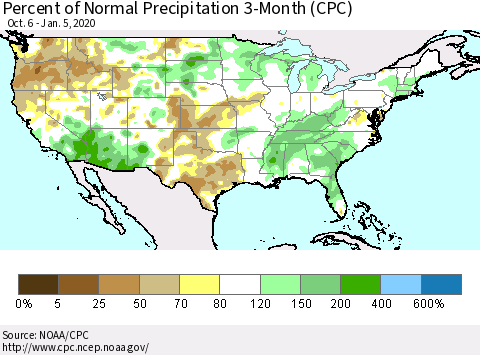 United States Percent of Normal Precipitation 3-Month (CPC) Thematic Map For 10/6/2019 - 1/5/2020