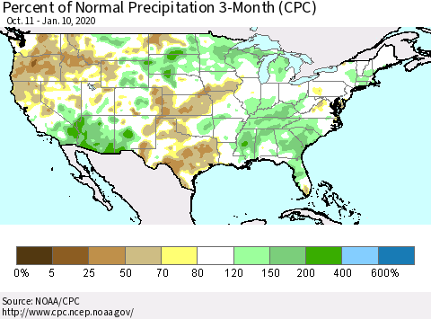 United States Percent of Normal Precipitation 3-Month (CPC) Thematic Map For 10/11/2019 - 1/10/2020