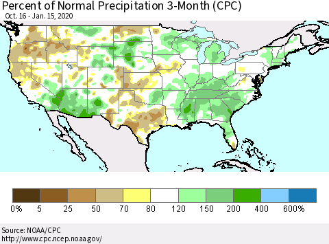 United States Percent of Normal Precipitation 3-Month (CPC) Thematic Map For 10/16/2019 - 1/15/2020