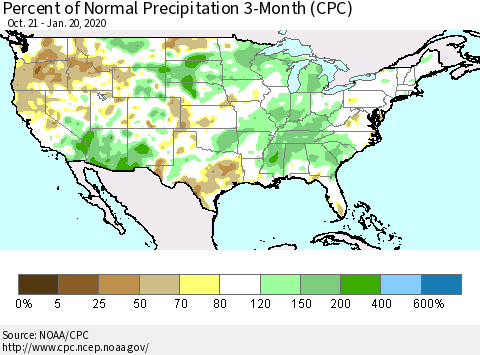 United States Percent of Normal Precipitation 3-Month (CPC) Thematic Map For 10/21/2019 - 1/20/2020