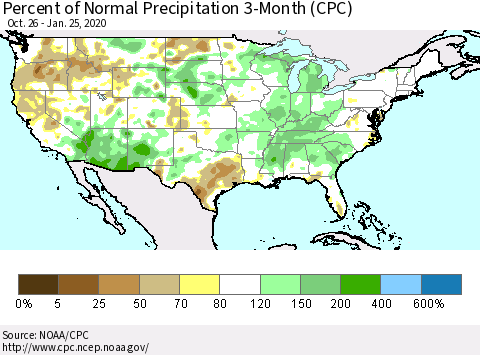 United States Percent of Normal Precipitation 3-Month (CPC) Thematic Map For 10/26/2019 - 1/25/2020