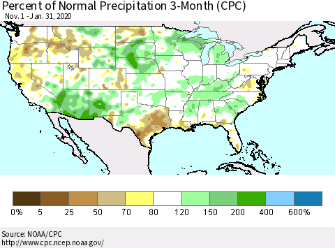 United States Percent of Normal Precipitation 3-Month (CPC) Thematic Map For 11/1/2019 - 1/31/2020