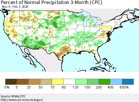 United States Percent of Normal Precipitation 3-Month (CPC) Thematic Map For 11/6/2019 - 2/5/2020