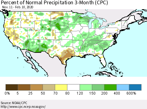 United States Percent of Normal Precipitation 3-Month (CPC) Thematic Map For 11/11/2019 - 2/10/2020
