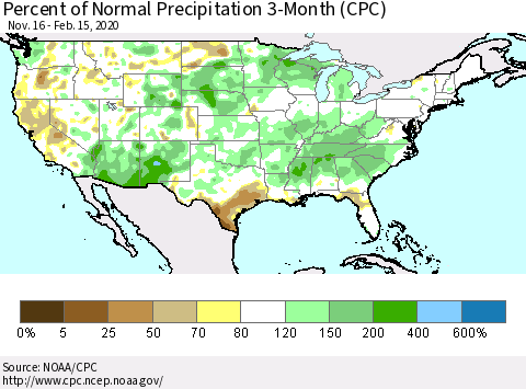 United States Percent of Normal Precipitation 3-Month (CPC) Thematic Map For 11/16/2019 - 2/15/2020