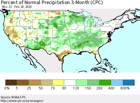 United States Percent of Normal Precipitation 3-Month (CPC) Thematic Map For 11/21/2019 - 2/20/2020