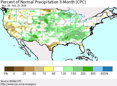 United States Percent of Normal Precipitation 3-Month (CPC) Thematic Map For 11/26/2019 - 2/25/2020