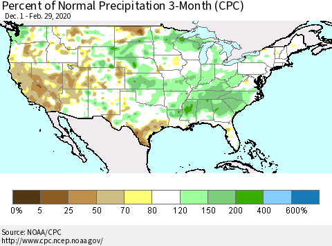 United States Percent of Normal Precipitation 3-Month (CPC) Thematic Map For 12/1/2019 - 2/29/2020