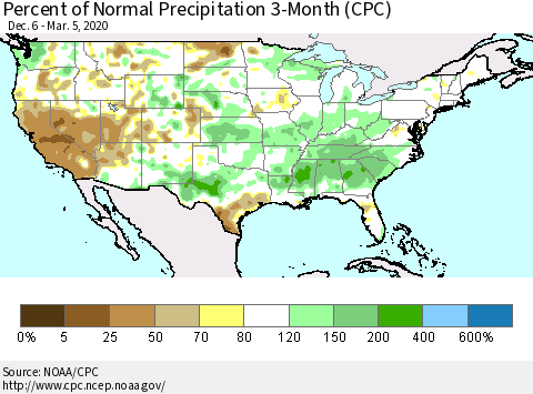 United States Percent of Normal Precipitation 3-Month (CPC) Thematic Map For 12/6/2019 - 3/5/2020