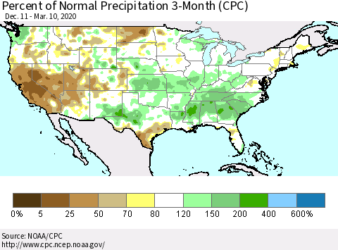 United States Percent of Normal Precipitation 3-Month (CPC) Thematic Map For 12/11/2019 - 3/10/2020