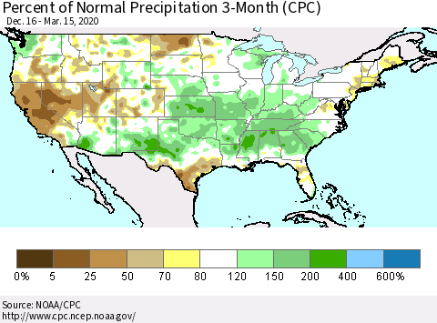 United States Percent of Normal Precipitation 3-Month (CPC) Thematic Map For 12/16/2019 - 3/15/2020