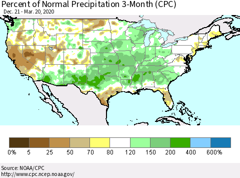 United States Percent of Normal Precipitation 3-Month (CPC) Thematic Map For 12/21/2019 - 3/20/2020