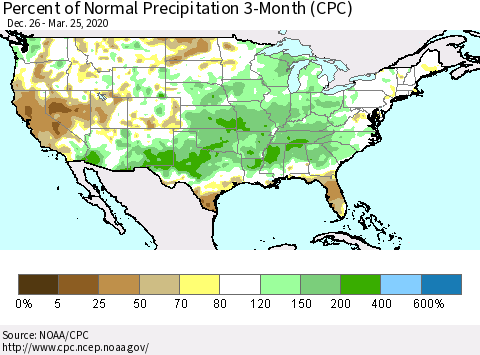 United States Percent of Normal Precipitation 3-Month (CPC) Thematic Map For 12/26/2019 - 3/25/2020
