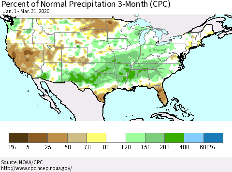United States Percent of Normal Precipitation 3-Month (CPC) Thematic Map For 1/1/2020 - 3/31/2020
