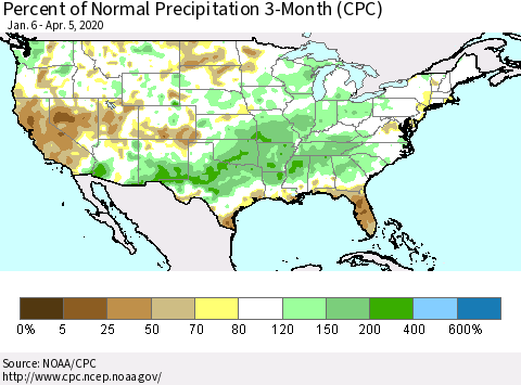United States Percent of Normal Precipitation 3-Month (CPC) Thematic Map For 1/6/2020 - 4/5/2020
