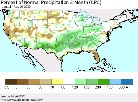 United States Percent of Normal Precipitation 3-Month (CPC) Thematic Map For 1/11/2020 - 4/10/2020