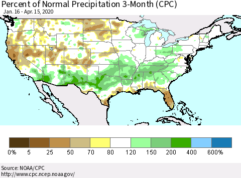 United States Percent of Normal Precipitation 3-Month (CPC) Thematic Map For 1/16/2020 - 4/15/2020