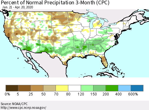 United States Percent of Normal Precipitation 3-Month (CPC) Thematic Map For 1/21/2020 - 4/20/2020