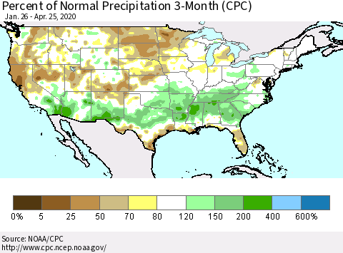 United States Percent of Normal Precipitation 3-Month (CPC) Thematic Map For 1/26/2020 - 4/25/2020