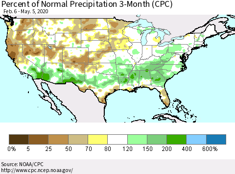 United States Percent of Normal Precipitation 3-Month (CPC) Thematic Map For 2/6/2020 - 5/5/2020