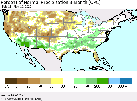 United States Percent of Normal Precipitation 3-Month (CPC) Thematic Map For 2/11/2020 - 5/10/2020