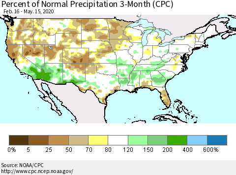 United States Percent of Normal Precipitation 3-Month (CPC) Thematic Map For 2/16/2020 - 5/15/2020