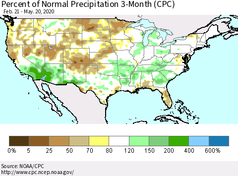 United States Percent of Normal Precipitation 3-Month (CPC) Thematic Map For 2/21/2020 - 5/20/2020
