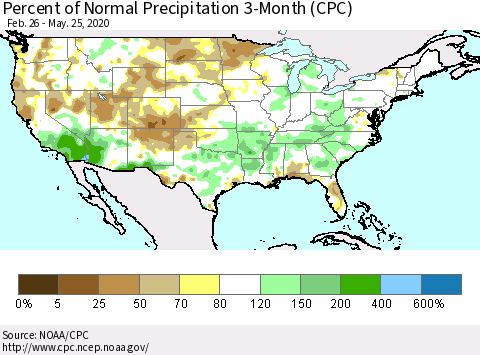 United States Percent of Normal Precipitation 3-Month (CPC) Thematic Map For 2/26/2020 - 5/25/2020
