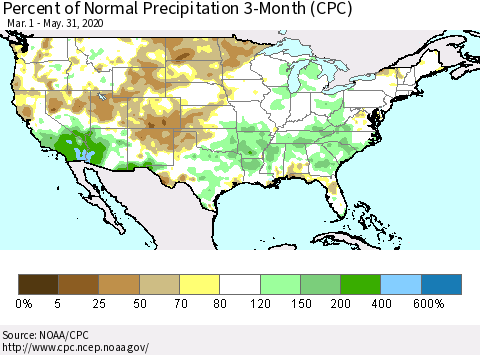 United States Percent of Normal Precipitation 3-Month (CPC) Thematic Map For 3/1/2020 - 5/31/2020