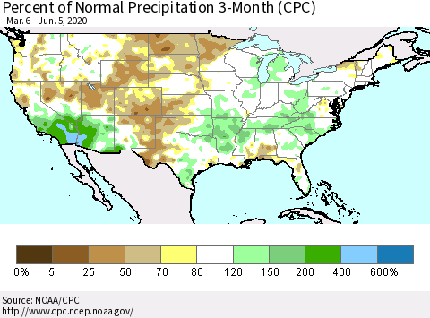 United States Percent of Normal Precipitation 3-Month (CPC) Thematic Map For 3/6/2020 - 6/5/2020