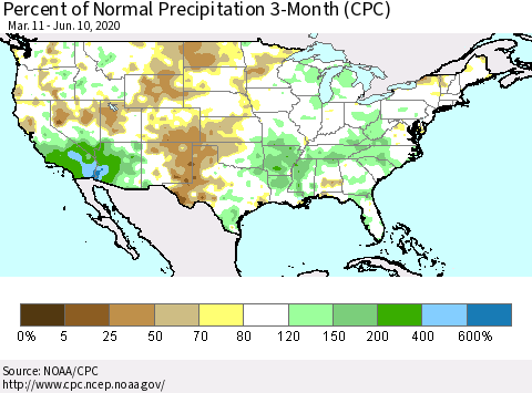 United States Percent of Normal Precipitation 3-Month (CPC) Thematic Map For 3/11/2020 - 6/10/2020