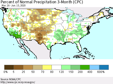 United States Percent of Normal Precipitation 3-Month (CPC) Thematic Map For 3/16/2020 - 6/15/2020