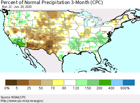 United States Percent of Normal Precipitation 3-Month (CPC) Thematic Map For 3/21/2020 - 6/20/2020
