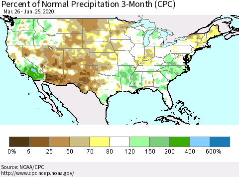 United States Percent of Normal Precipitation 3-Month (CPC) Thematic Map For 3/26/2020 - 6/25/2020